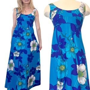 Vintage Hawaii Nei Bright Blue Bold Floral Hawaiian Print Maxi Empire Gown Dress